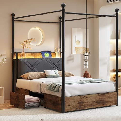 kowdom Metallsäng 90 x 190 cm svart – himmelssäng med LED och USB, säng med förvaringsutrymme, 2 lådor, ungdomssäng, avtagbar baldakin, kan belastas 120 kg