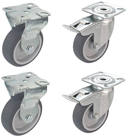 Satz Apparaterolle Bockrolle Lenkrolle mit Bremse 75 mm ohne Feststeller Gummi grau-spurlos Anschraubplatte Möbelrolle Transportrolle