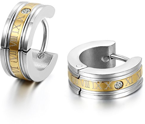 JewelryWe Schmuck Herren Ohrringe, Edelstahl, Römischen Ziffern Creolen Ohrstecker, Blau Schwarz Gold Silber