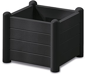 Quadratischer Pflanzkasten im Holz-Design aus Kunststoff in Anthrazit. Maße BxTxH in cm: 43 x 43 x 35 cm.