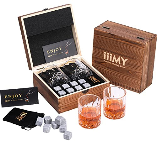 Whisky Stones and Glasses Gift Set, Whisky Rocks Chilling Stones in Handmade Wooden Box– Cool Drinks Without Dilution – Whisky Glasses Set of 2, Gift for Dad, Husband, Men