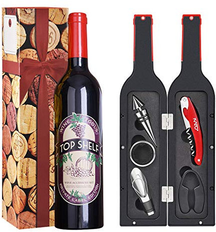 Kato Tirrinia 5 Pcs Deluxe Wine Accessories Gift Set- Wine Opener Set Includes Corkscrew, Stopper, Wine Pourer, Foil Cutter, Drip Ring w/Fun Static Cling, Best Gift for Wine Lover, Red