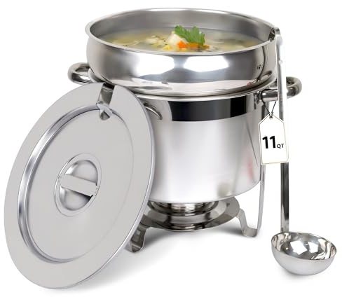 CHEFQ 11 QT Soup Chafer Station with Contemporary Marmite Water Pan, Stainless Steel, Including Fuel Holder & 6 Oz Ladle - Perfect for Buffets, Catering, and Events