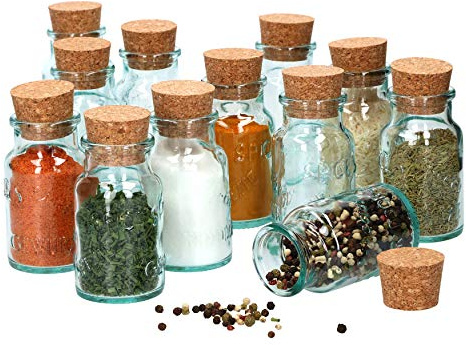 MamboCat Lot de 12 pots à épices avec bouchon, verre transparent, petits récipients en verre pour conserver les épices, le sel, le poivre et les herbes, bocaux avec bouchon en liège