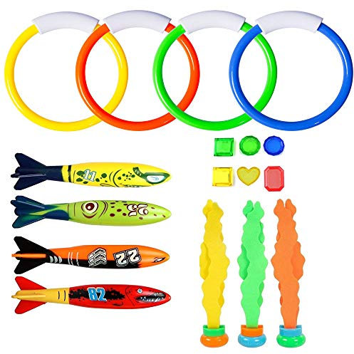 Amasawa Tauchspielzeug, Unterwasserspielzeug,Kinderschwimmspielzeugsets, Tauchkreise, Tauchalgen, Edelsteine, Torpedos (17Stück)