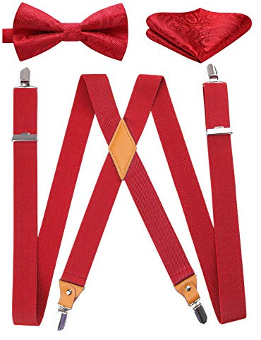 HISDERN Hosenträger für Herren X Form mit sehr Starken 4 Metall Clip Elastisch und Längenverstellbar Hosenträger und Fliege mit Einsteckuch Set