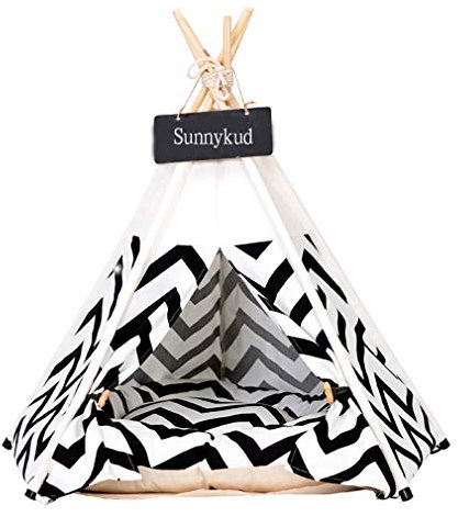 Sunnykud Tipi Zelt für Haustiere Hundezelt Katzenzelt Haustierzelte Häuser mit Kissen Abnehmbar und Waschbar Haustierbett Wegklappen Haustier Hundebett Katzenbett (L:60x60x70cm, Schwarz)