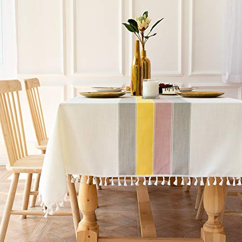 Lanqinglv Quasten Weiß Tischdecke Abwaschbar 140x200cm Rechteckig Bunt Streifen Baumwolle und Leinen Tischtuch Gartentischdecke Couchtisch Elegant und Vintage