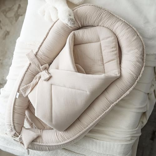 PaLulli® Set 2in1 Babynest und Einschlagdecke, 100% Musselinn, Baby Nestchen Set, Babynestchen - Baby Erstausstattung Babynestchen Neugeborene, Babynester Junge - mädchen (Beige)