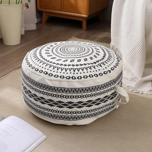 MOCOFO Ungefüllte runde Hockerabdeckungen Boho Bunte geometrische osmanische Hockerabdeckung mit Griffdesign, Dekoration Fußschemel für Wohnzimmer, Schlafzimmer, Terrasse (schwarz, 45x45x20cm)