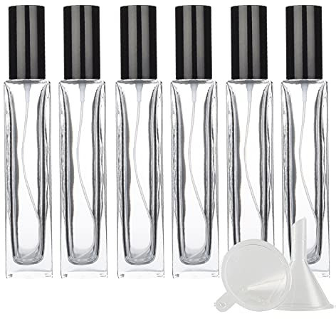 BasicPacking Leer 50ml Transparent Portable Parfüm Zerstäuber mit Schwarz Deckel, 6 Stück Mini Quadrat Dickes Glas Nachfüllbar Parfümzerstäuber Sprühflasche, Parfümflasche Reisen + 2 x Trichter