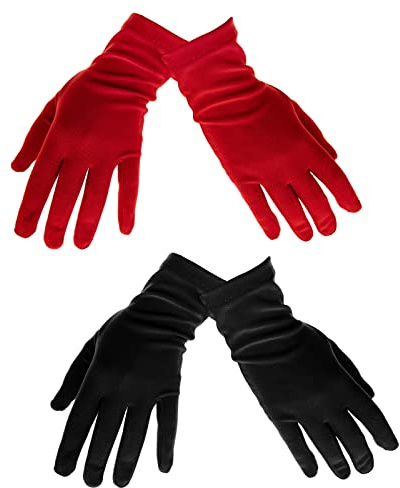 ECSiNG 2 Paar kurze Satinhandschuhe Teeparty Halloween Kostüm Handschuhe Damen Kleid Handschuhe Opera Hochzeit Bankett Kleid Handschuh für Party Tanz 22cm Schwarz und Rot, schwarz / rot, 22 cm