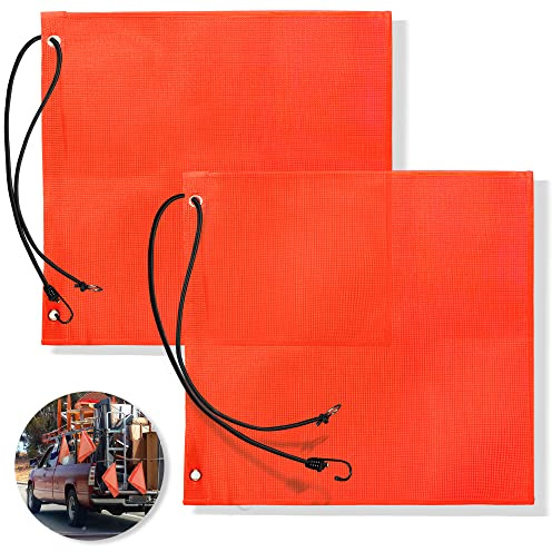 Anley 18x18 Inch Orange Warning Sign Safety Flags for Truck, Trailer, Car & Oversize Load Vehicle - Grommets and Bungee Cords - Vinyl Coated Nylon, Mesh Construction & Bright Color (Pack of 2)