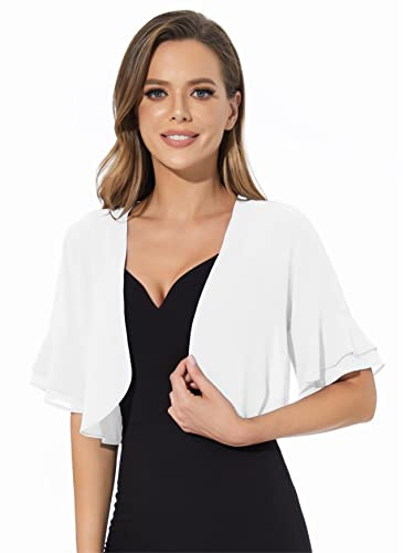 Sepsap Women Shrug Soft Chiffon Open Front Sheer 3/4 Sleeve Bolero Cardigan for Evening Dress, White, L