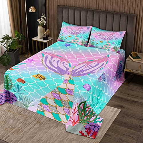 Homewish Kinder Tagesdecke Meerjungfrau Fischschuppen Tagesdecke Quilt-Set 220 x 240 Mädchen Rainbow Gesteppt Meerestier Gesteppt Blaugrün Funkelnde Pailletten Zimmerdekor Ombre Pastell Rosa Lila