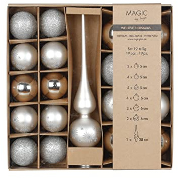 Weihnachtskugeln Glas Mix 5-6cm mit Christbaumspitze 19er Set Christbaumkugeln Frosty Silver Silber