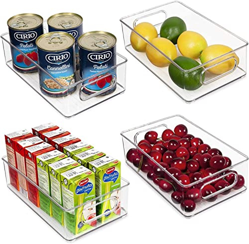 Fridge Organisers Set of 4,Refrigerator Storage Box Stackable Fridge Storage Containers with Handles Clear Kitchen Cupboard Organiser for Fridge Kitchen Pantry Cabinets Bathroom Drawer - BPA Free