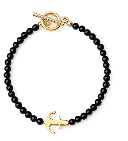 GAVU Pulsera Dije Ancla para Hombre con Cuentas de Turmalina Negra Piedras Naturales Gemas Preciosas 21cm