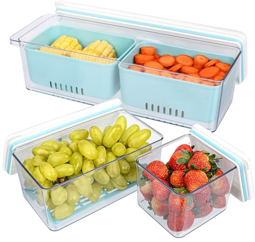 BELLE VOUS 3er-Pack stapelbare Gemüsebox - Obst Aufbewahrung mit Abtropfkörben - Gemüse Kühlschrankbox - wiederverwendbare Behälter mit Deckeln für Kühlschrank Gefrierfach