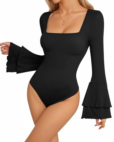 MANGOPOP Mock Neck Puff Sleeve Bodysuit Turtleneck Loose Lantern Long Sleeve Body Suit for Women for Going Out, Black, Large