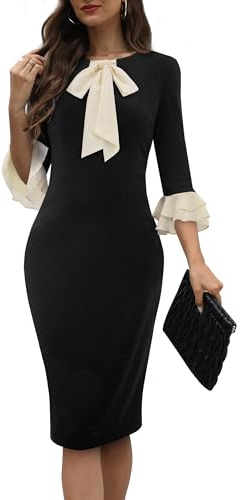HOMEYEE Dam rund hals 3/4 ärm volantärmar aftonklänning pennklänning retro bodycon midi cocktail fodralklänning B800, svart, M