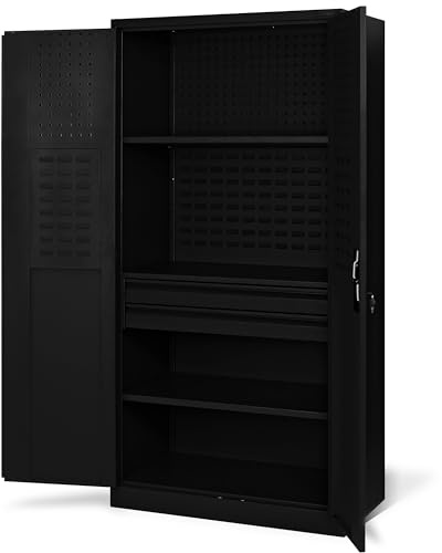 Jan Nowak Werkzeugschrank Werkstattschrank Metall TC02AM 185x92x50 cm | Metallschrank mit Schubladen, Flügeltüren, 3 Fachböden, pulverbeschichteter Stahlkorpus für Werkstatt und Garage