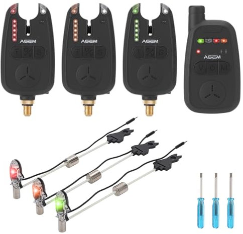 AGEM Bissanzeiger Swinger 3er Set Angeln 3+1 mit LED Wasserdicht Funkbissanzeiger zum Karpfenangeln Angelalarm Swinger