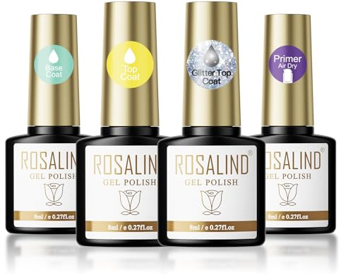ROSALIND Top Base Coat UV Nagellack Set, Gel Nagellack Überlack Glänzend Glitzer Unterlack und Nail Primer, Soak-Off UV LED Base Top Coat für Gelnägel Nail Art Maniküre 4PCS Set