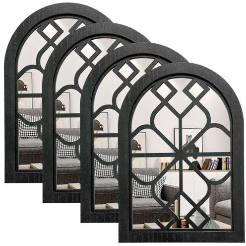 ZEXUIRU 4 espejos de pared con ventana arqueada, espejo rústico de granja, espejo de entrada con marco de madera para sala de estar, baño, dormitorio, cocina, 9.8 x 13.7 pulgadas, color negro