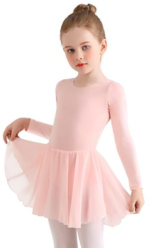 Eisnnu Kinder Ballettkleidung Mädchen Baumwolle Lange Ärmel Tanzkleid mädchen Ballettrock Balletttrikot Ballettanzug mit Chiffon Rock Tütü 2-11 Jahre (Rosa, 140)