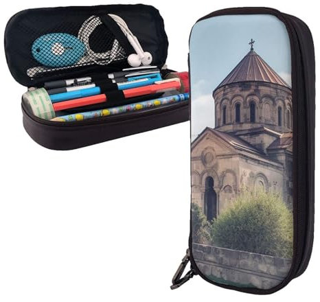 Dwrepo Leder-Federmäppchen mit Reißverschluss, Stiftehalter, armenische Kirche, Federmäppchen, niedliches Federmäppchen für Herren und Damen, Make-up-Tasche, Schwarz, Einheitsgröße, groß, Schwarz ,