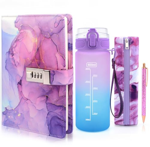 Tagebuch mit Schloss Mädchen Trinkflasche Geschenke für Mädchen 8 9 10 11 12 13 Jahre, Geburtstag Geschenk Mädchen Alter 7-14 Kinder, Notizbüch mit Code Wasserflasche Stift Mäppchen Schulanfang Schule
