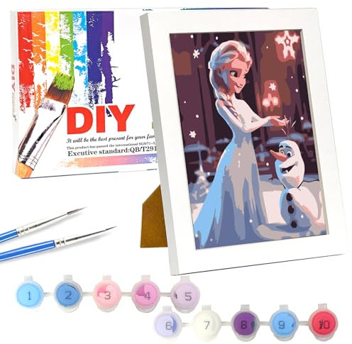 LAISU Eiskönigin Malen Nach Zahlen für Kinder, Junior und Erwachsene Anfänger, 18x24cm Kleine DIY Cartoon Prinzessin Gemälde Bastelset mit Rahmen Leinwand Pinseln Acrylfarben für Mädchen ab 6 Jahre