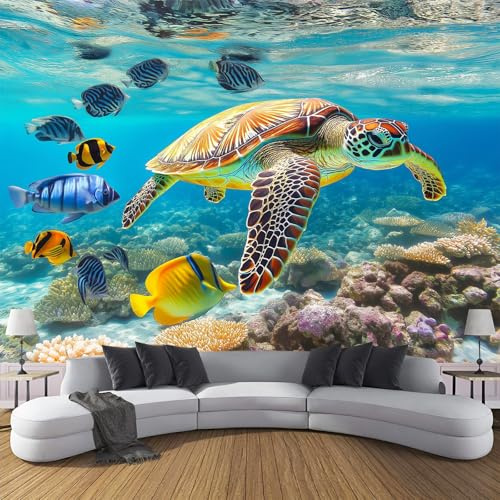 Fototapete Meeresschildkröte PVC Tapeten Moderne Wandtapete Wohnzimmer Schlafzimmer Schildkrötenkoralle Tapeten Wohnzimmer Jugendzimmer Wanddeko Wandtattoo selbstklebende 380x280cm
