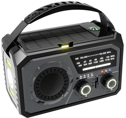 IOIUSKKU Radio de Emergencia portátil con Linterna LED, Banco de energía ABS BT, Linterna LED, manivela de Mano, Radio portátil Am, Gris Oscuro
