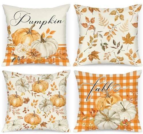 Benjia Juego de 4 Fundas de cojín de otoño de 45x45 cm, Hojas caídas Calabaza Fundas de Almohada de otoño Cubiertas de Almohadas 45 x 45 cm para Acción de Gracias Halloween Home Sofá-Naranja