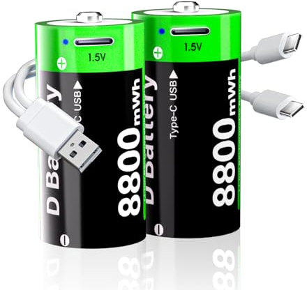 Batteria ricaricabile D, 8800 mWh ad alta capacità al litio D batterie con cavo di ricarica USB C 2 in 1, LR20 1,5 V D dimensione cella di ricambio per torcia, fotocamera, luce di inondazione
