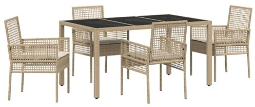 vidaXL 5-teiliges Garten-Esstischset mit Kissen in Beige aus Poly-Rattan. Stylisches und wetterfestes Mobiliar für Terrasse, Balkon oder Garten im Sommer.