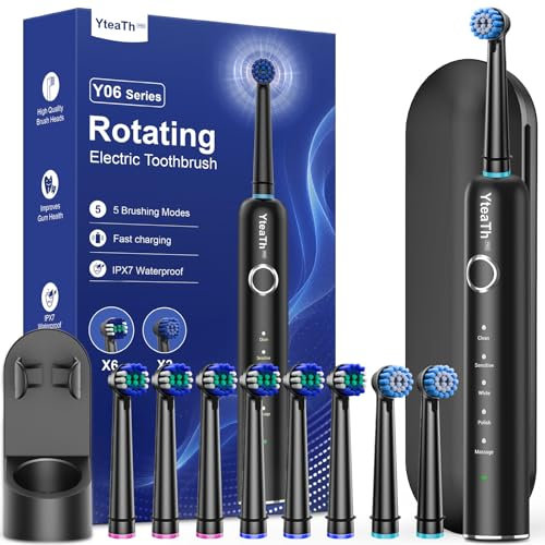 Rotating Electric Toothbrush with 8 Brush Heads (2 Types) for Adults and Kids, 60-Day Battery Life, Wireless Wall Charging Station, 5 Modes Sonic Toothbrush with Travel Case