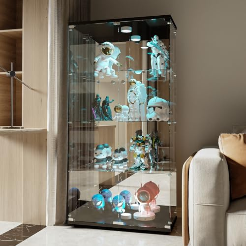 BRILVERDE Vitrine Trempé avec Éclairage LED, Porte et Fond Miroir - Vitrine en Verre pour Collection, Vin, Figurines, Livres (LED - 4 - Noir - Miroir, 125 x 42 x 36 cm)