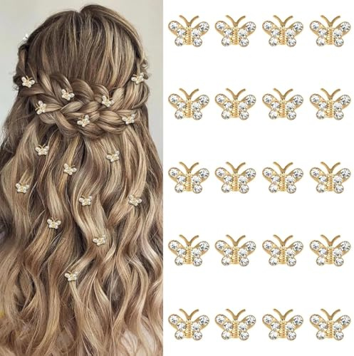 UCLEVER 20 mini pinzas para el pelo con diamantes de imitación, pequeñas pinzas de mariposa antideslizantes para mujeres y niñas (dorado)