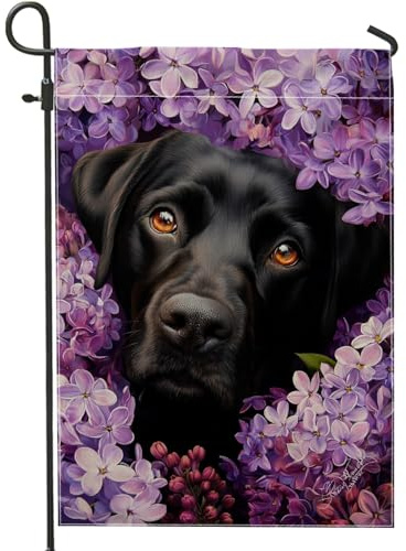 Drapeau de jardin floral violet, chien noir en fleurs lilas, décoration extérieure, drapeau de cour double face en toile de jute pour décoration de pelouse printemps/été, 30,5 x 45,7 cm