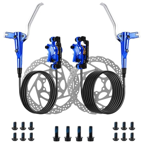 MIRODO VTT Hydrauliques Freins Disque Ensemble Double Piston Puissance Freinage 370N Étriers Usinés CNC Alliage D'aluminium Rotors 160mm Flexibles Avant 800/Avant 1400mm(Blue)