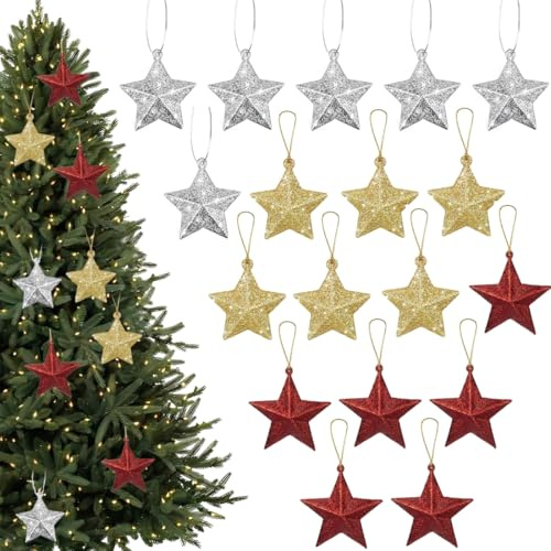 YOFDAL 18 Pezzi Decorazioni Natalizie a Forma di Stella,Albero di Natale Ciondolo Stelle,5 cm Ciondoli a Forma di Stella,Ciondoli Natalizi Pendenti Albero di Natale Ciondoli Stelle Rosso
