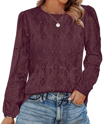 Womens Blouses Spring Summer Tops Long Sleeve Shirts Dressy Casual Crochet Lace Embroidered Business Work Thanksgiving Outfits Burgundy L