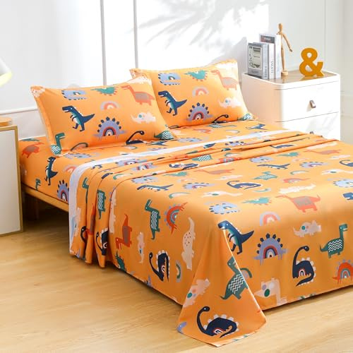IngeCrafts Cartoon Dinosaur Kids Sheet Set Twin Size - Orange Dinosaur & Rainbow Bed Sheet Set 3 Piece, Soft Microfiber Cartoon Dino Bedding with Deep Pocket