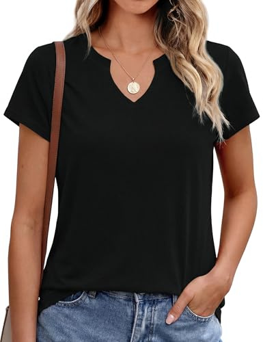 Leversic Top Mujer Escote en V Camiseta Básica Casual de Manga Corta Suelta Color Sólido Verano(Negro,XL)