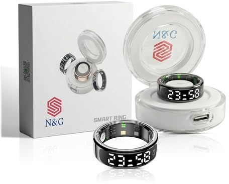 N&G Smart Ring for Men & Women – Fitness & Health Tracking Ring with LED Display, Heart Rate, Step Count & Sleep Monitor, Multi-Sport Modes, 5ATM Waterproof, iOS & Android Compatible (Black, 10)