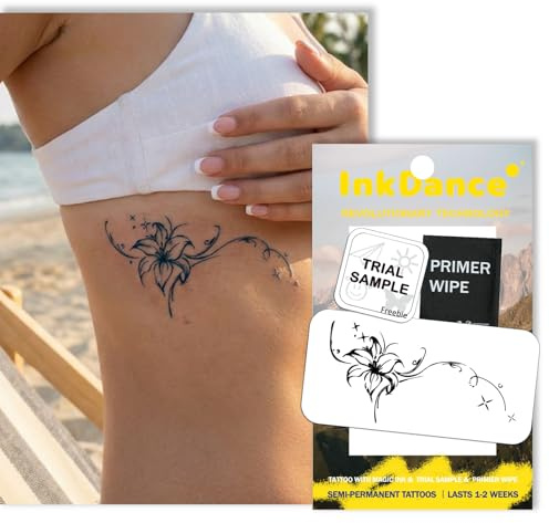 InkDance Semi-Permanent Tattoo, Lily Flowers, Tropical floral, Long Lasting Temporary Tattoos, Waterproof Plant-Based Ink, Lasts 1-2 Weeks, Color Develops in 24 Hours D316