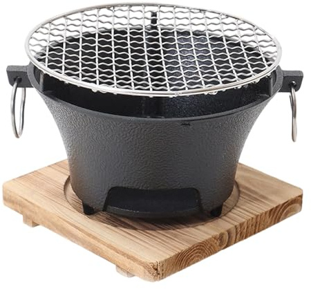 Lodoot Barbacoa japonesa de hierro forjado con base de madera, compacta, transportable, para encimera de barbacoa, calefacción eficiente